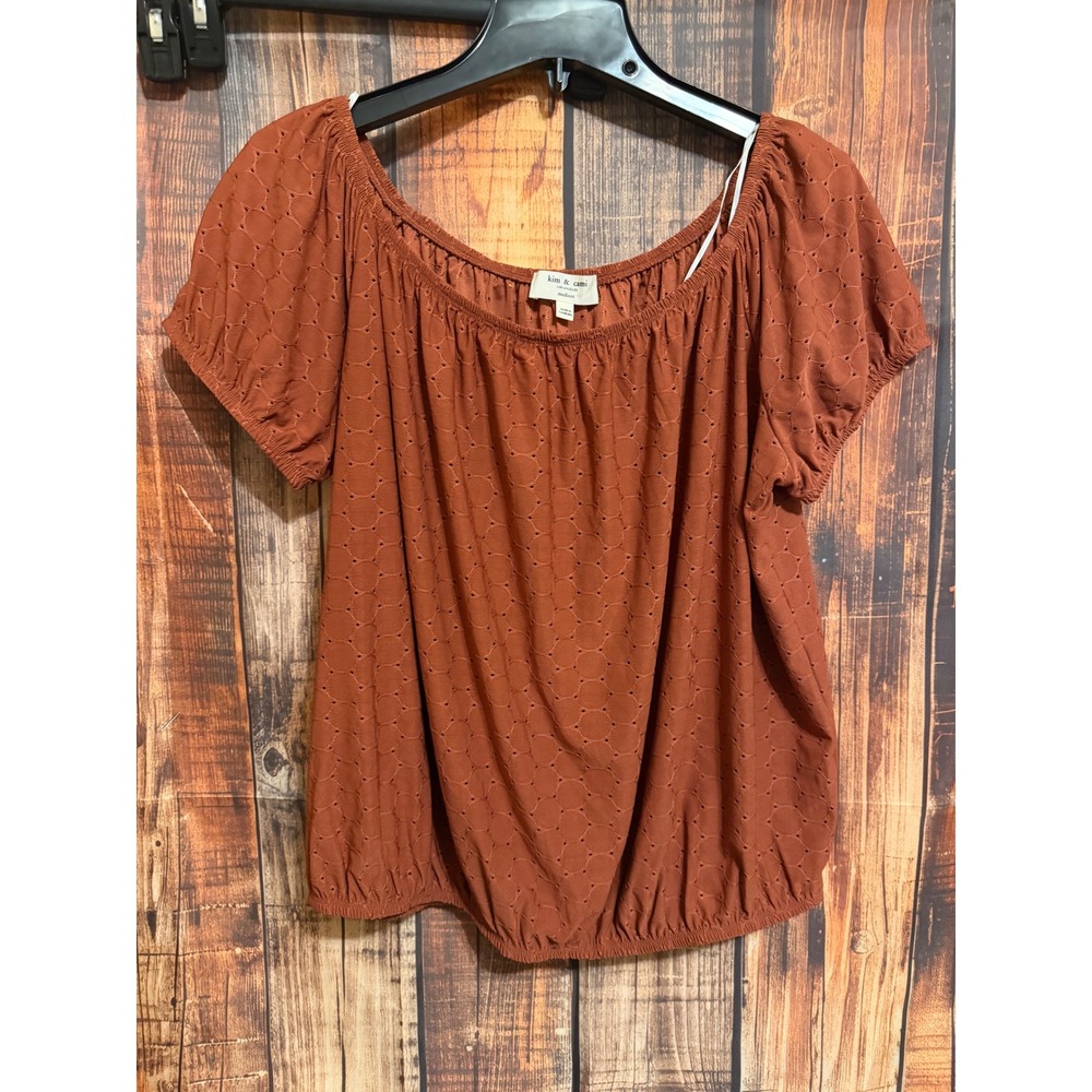 Kim & Cami Los Angeles Rust Brown Eyelet Off Shoulder Blouson Top Medium